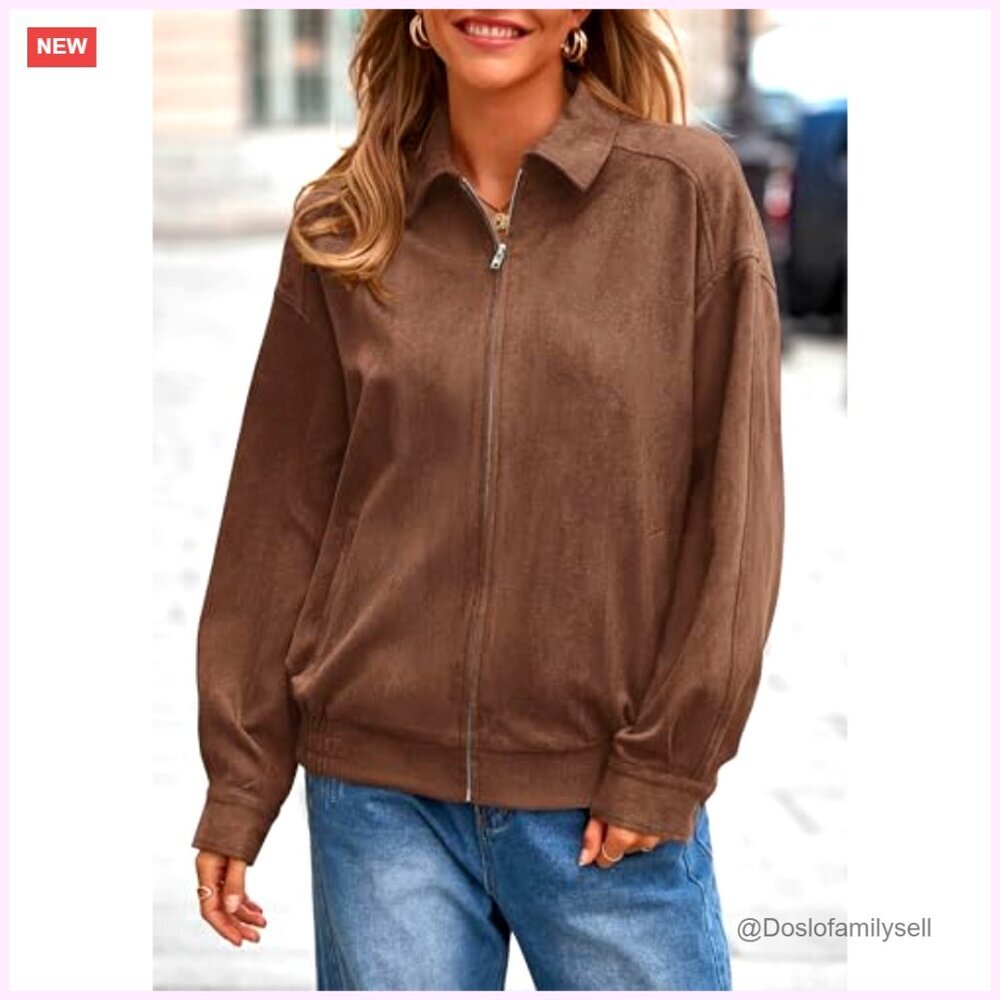 Oversized Faux Suede Bomber Jacket Women's Zip Up Winter Outerwear Coats - Picture 4 of 7